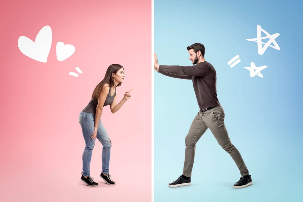 Man preventing woman coming on to his side.